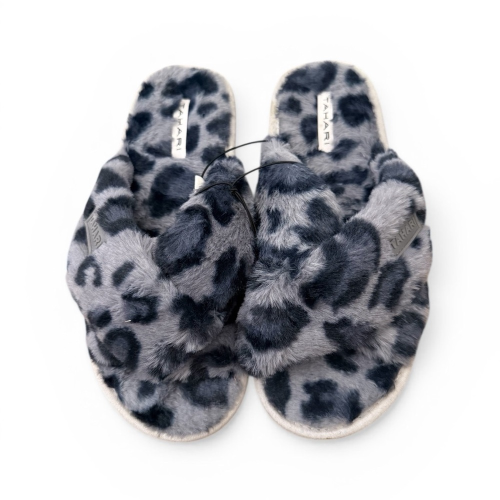 NWT Tahari Lexi Grey Leopard Faux Fur Crossband Slippers Grey Sizes 8, 9